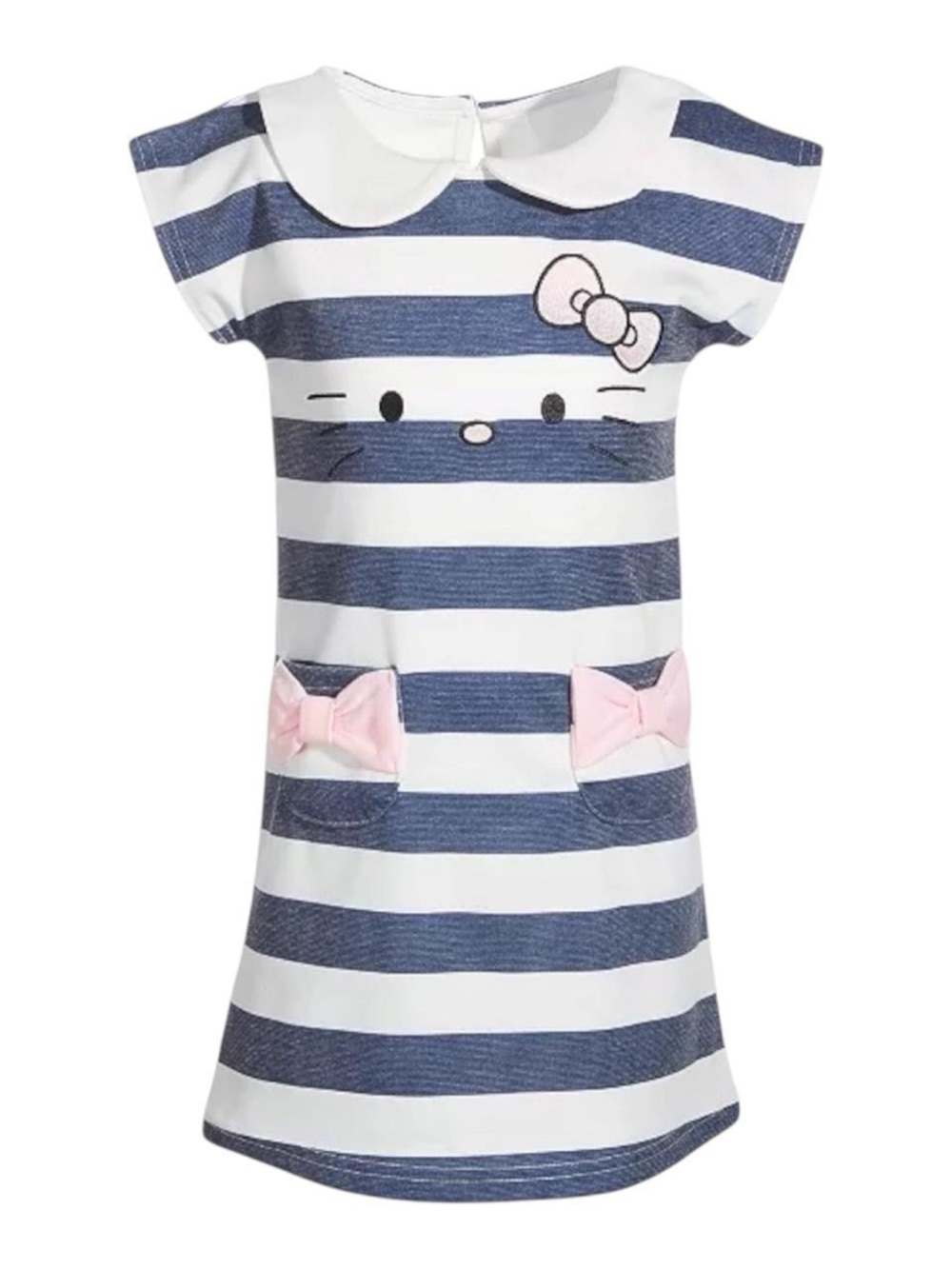Girls Navy & White Striped Hello Kitty Dress w/ Pink Bow Accents 🤍💙